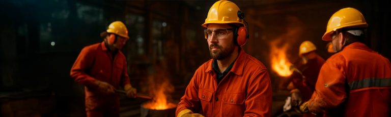 Trabalhador industrial com EPI em ambiente de alta temperatura e ruído.
