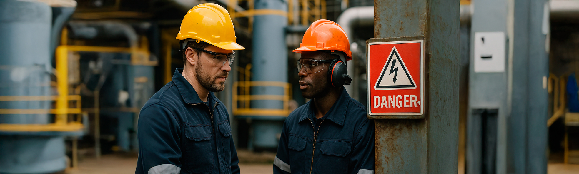 Dois trabalhadores com EPIs ao lado de uma placa de perigo em área industrial.