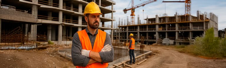 Trabalhador da construção civil com EPI em frente a prédio em construção.