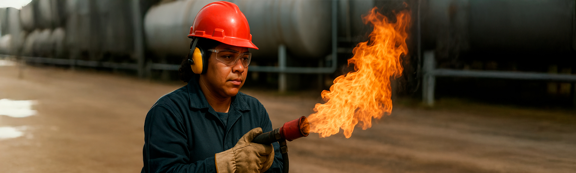 Profissional com EPI operando bomba de combustível próximo a tanques de armazenamento.