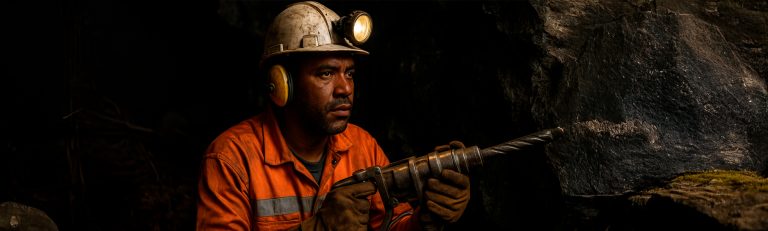Trabalhador inspecionando galeria subterrânea com capacete e lanterna.