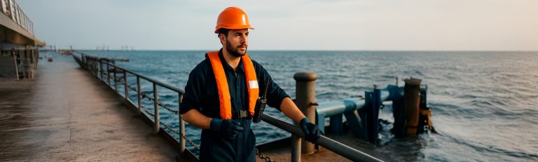 Trabalhador em convés de embarcação com capacete e colete salva-vidas.