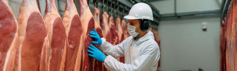 Trabalhador inspecionando carcaças com equipamentos de proteção em frigorífico.