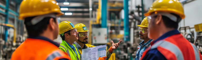 Trabalhadores em uma fábrica participando de um briefing de segurança sobre prevenção de acidentes, usando equipamentos de proteção e recebendo instruções de um oficial de segurança brasileiro, ilustrando as práticas de segurança no trabalho conforme a NR02.