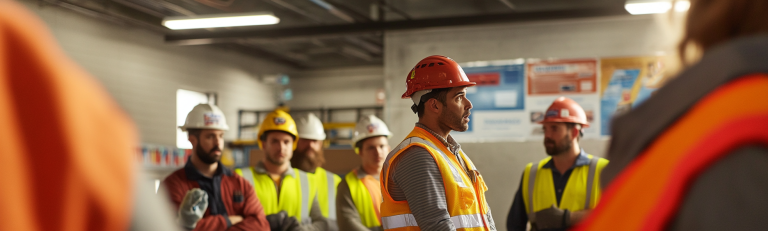 Sessão de treinamento de segurança no trabalho com trabalhadores usando equipamentos de proteção, aprendendo sobre medidas de segurança e procedimentos de primeiros socorros, destacando a importância da saúde e segurança ocupacional conforme a NR03.