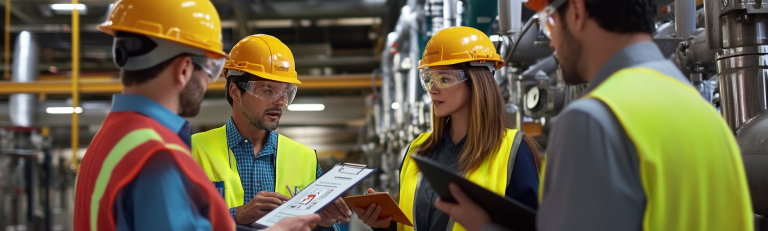 Equipe de engenheiros de segurança e profissionais de saúde ocupacional realizando uma inspeção de segurança em um ambiente industrial, discutindo avaliação de riscos e analisando máquinas para garantir conformidade com normas de segurança NR04.