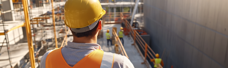 Trabalhadores usando capacetes, luvas e cintos de segurança em um canteiro de obras, em conformidade com as regulamentações de segurança da NR06.