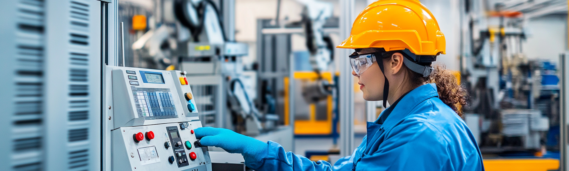 Trabalhadores brasileiros em uma fábrica operando máquinas industriais com medidas de segurança da NR12, usando equipamentos de proteção e sistemas de parada de emergência, com um supervisor inspecionando o local.