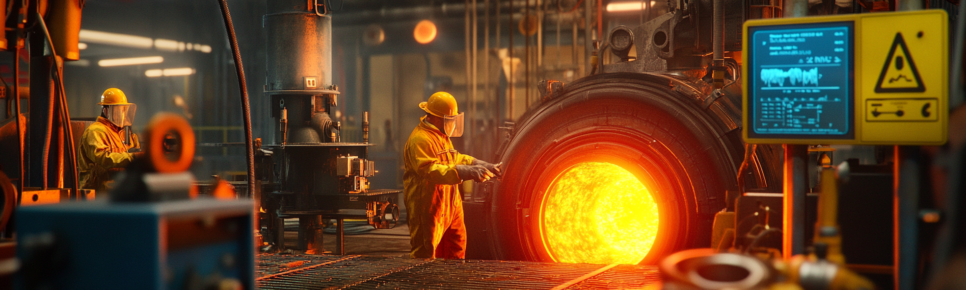 Trabalhadores brasileiros em um ambiente industrial de alta temperatura, operando equipamentos próximos a fornos e usando roupas de proteção resistentes ao calor, conforme a NR14, enquanto monitoram os níveis de temperatura.