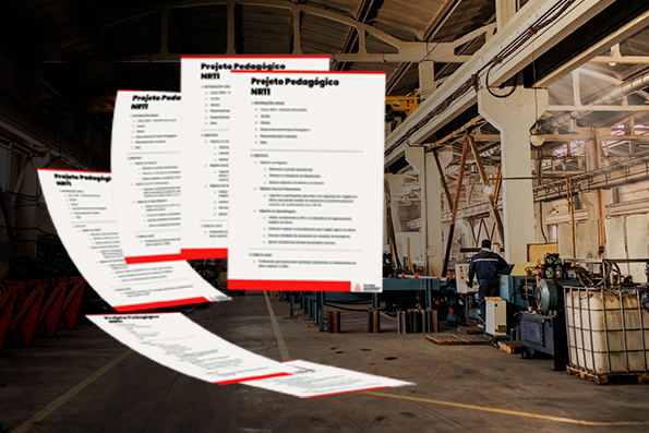 Profissional analisando documentos de segurança e saúde no trabalho em ambiente industrial