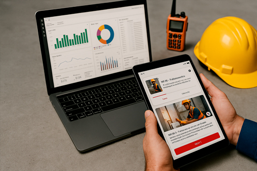 Tablet com curso NR 35 aberto ao lado de um notebook com painel do Power BI, capacete e rádio comunicador sobre a mesa.