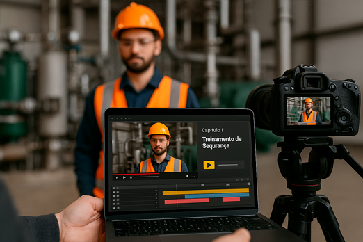 Trabalhador industrial sendo filmado com câmera profissional enquanto um editor acompanha o vídeo em tempo real no notebook.