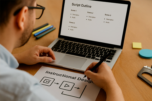 Designer instrucional desenvolvendo um roteiro de curso técnico no computador, com material de apoio sobre design educacional na mesa.
