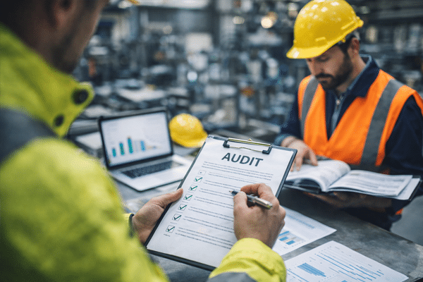 Auditoria industrial em empresa de risco 3 e 4 com profissionais analisando checklist de conformidade e registros operacionais